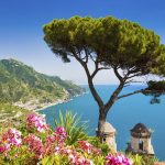 Scenic picture-postcard view of famous Amalfi Coast with Gulf of