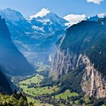 From Wengen, see Lauterbrunnen Breithorn, Lauterbrunnen Valley, Staubbach Falls, Berner Oberland, Switzerland, Europe.