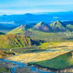 Green mountainous landscape of Iceland as viewed from above