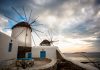 Windmills of the Mykonos Island, Chora. Cyclades, Agean Sea, Greece.