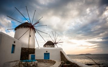 Windmills of the Mykonos Island, Chora. Cyclades, Agean Sea, Greece.