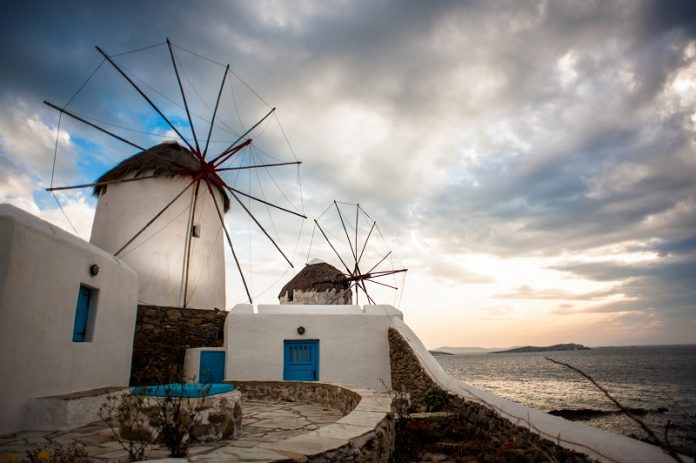 Windmills of the Mykonos Island, Chora. Cyclades, Agean Sea, Greece.