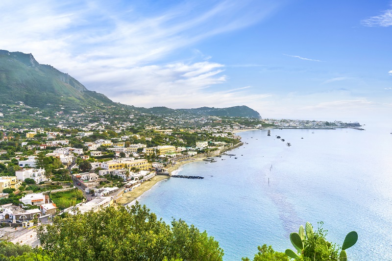 Ischia island and Forio beach coast panorama. Campania, Italy.