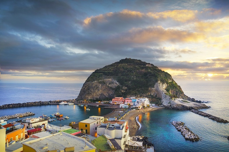 Sant Angelo beach and rocks in Ischia island. Campania, Italy.