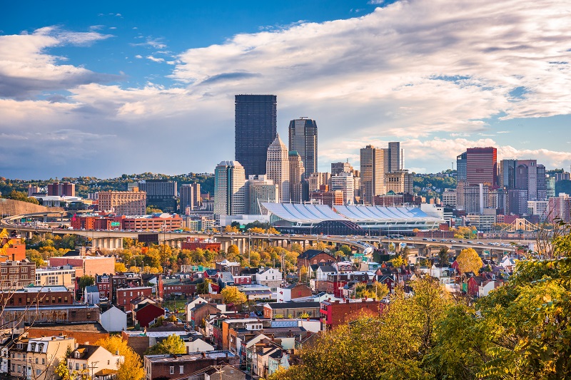 Pittsburgh, Pennsylvania, USA skyline from the hills.