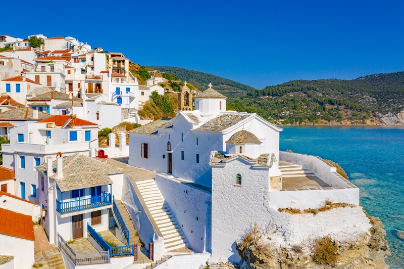 View,Of,Panagitsa,Tou,Pirgou,Church,Over,The,Bay,,Skopelos,