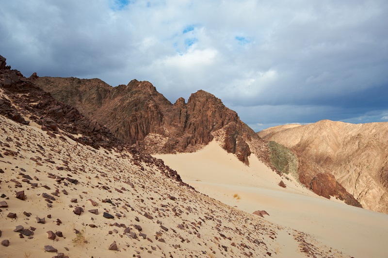 Valley in the Sinai desert with sand dunes and mountains