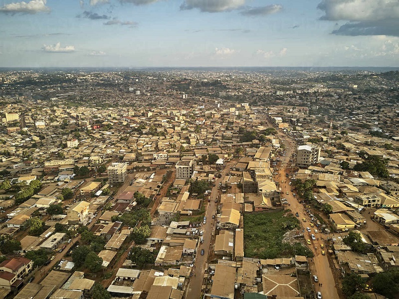 Drone over the houses of Yaoundé city in Cameroon. Yaounde, Cameroon.