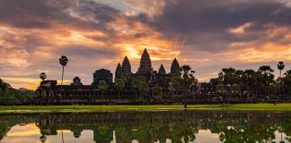 Sunrise on Angkor Wat Temple in Cambodia.