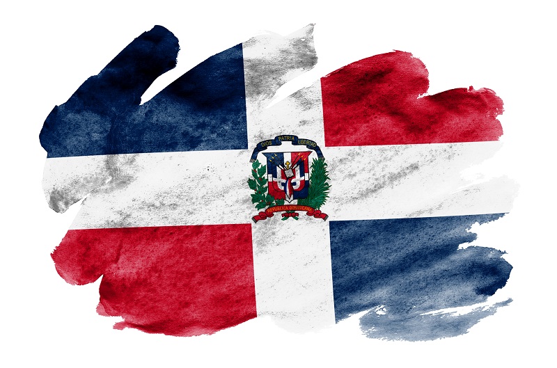 Dominican Republic flag  is depicted in liquid watercolor style isolated on white background