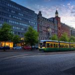 City Tram in Mannerheimintie Street at sunset – Helsinki main st