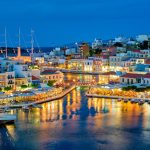Beautiful Agios Nikolaos town at night. Lasithi region of Crete island, Greece