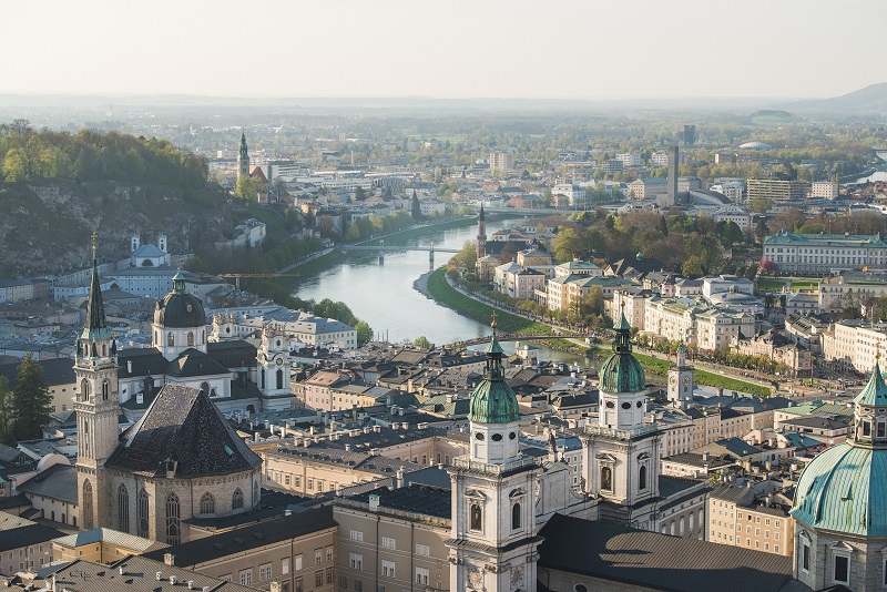 Scenic view over old town center of Salzburg, Austria